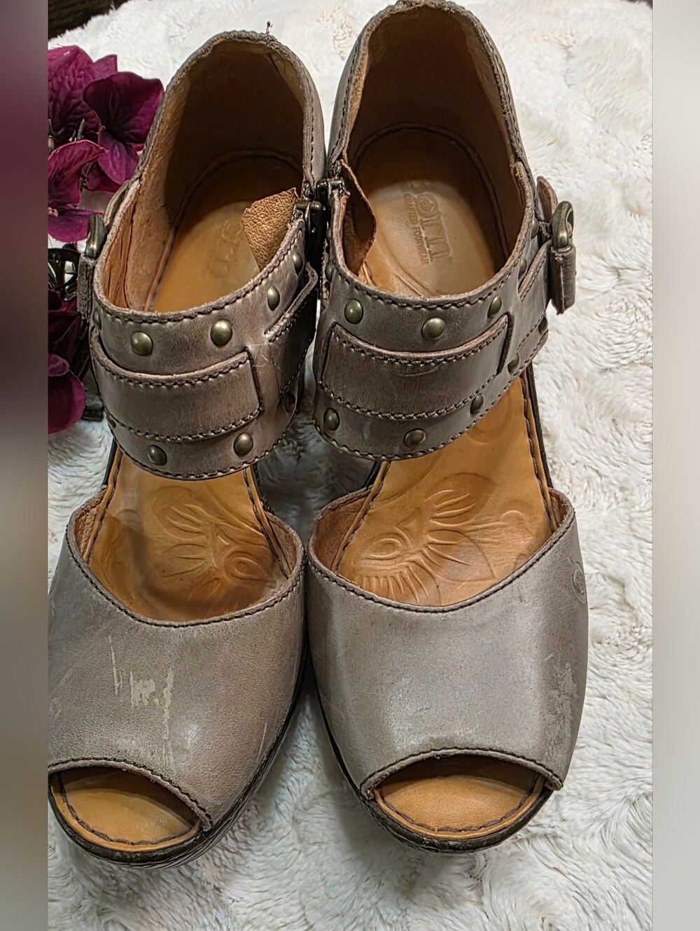 Born  Taupe Leather Peep-Toe Wedge Sandals